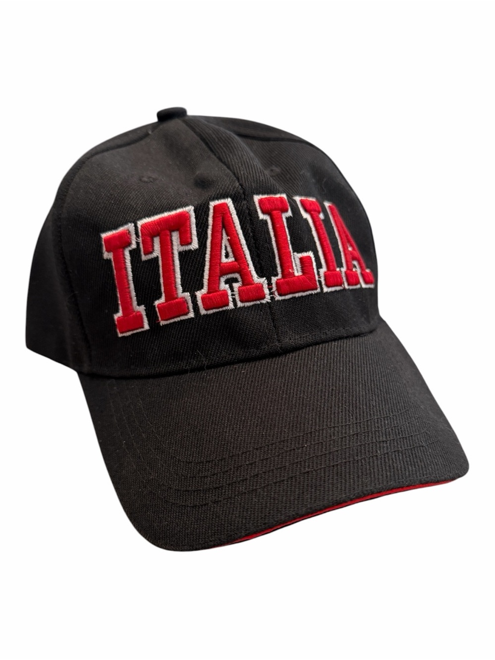 Italia Embroidered Baseball Cap - Black & Red With Velcro
Adjustable Strap.